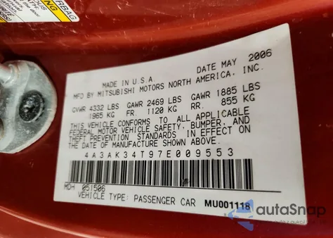 2007 Mitsubishi Eclipse Gt z USA, uszkodzony, nr VIN 4A3AK34T97E009553